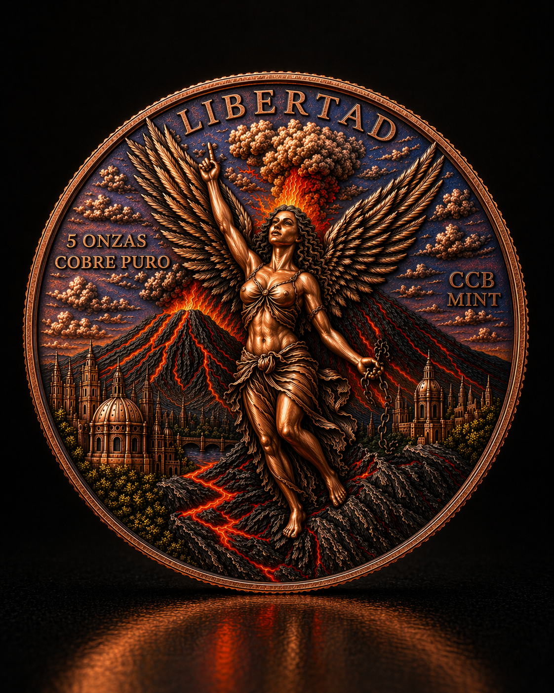 PRE ORDER - LARGE 5 OZ  "Libertad of Fire" Copper Round – Cobre Puro Volcanic Libertad Coin with Mexican Eagle Reverse