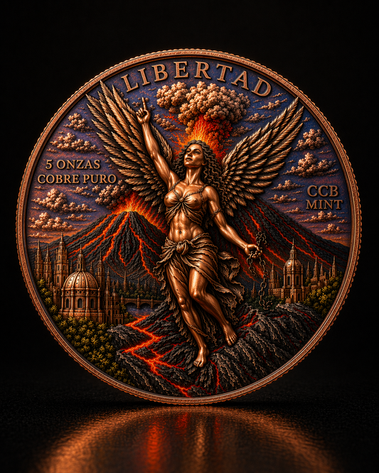 PRE ORDER - LARGE 5 OZ  "Libertad of Fire" Copper Round – Cobre Puro Volcanic Libertad Coin with Mexican Eagle Reverse