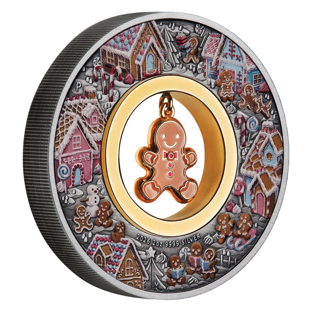 NEW RELEASE - Gingerbread Christmas 2026 2oz Silver Antiqued Coloured Coin