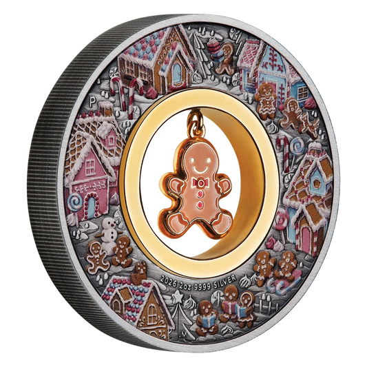 NEW RELEASE - Gingerbread Christmas 2026 2oz Silver Antiqued Coloured Coin
