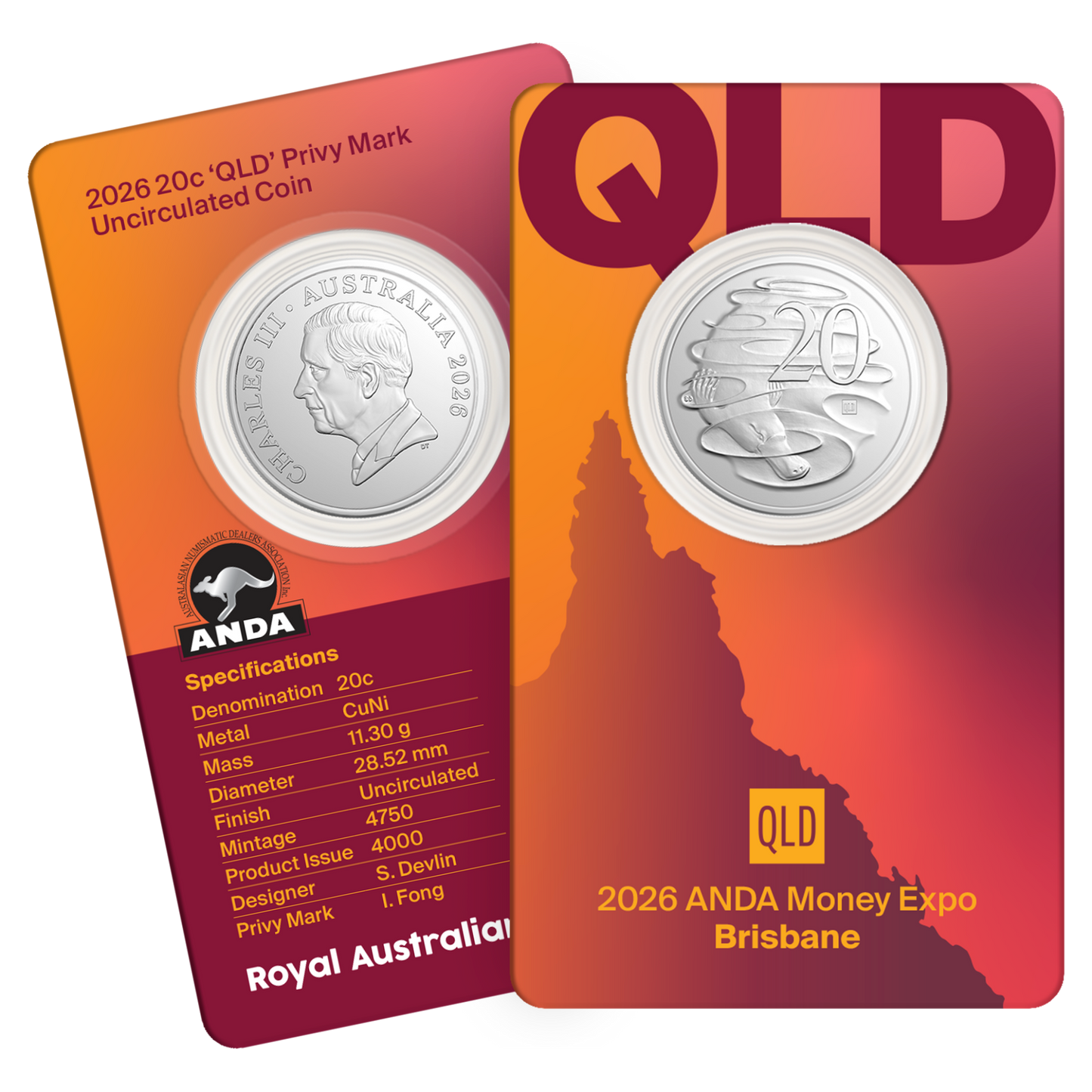 Brisbane Money Expo ANDA State Series - 2026 20c QLD Privy Mark Coin in Card