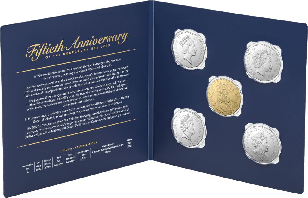 Australia 2019 50th Anniversary of the 50 Cent Dodecagon Coin Five Coin Set