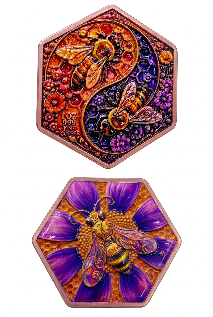 Hex Bee 1 oz .999 Fine copper - Honeycomb Yin Yang
