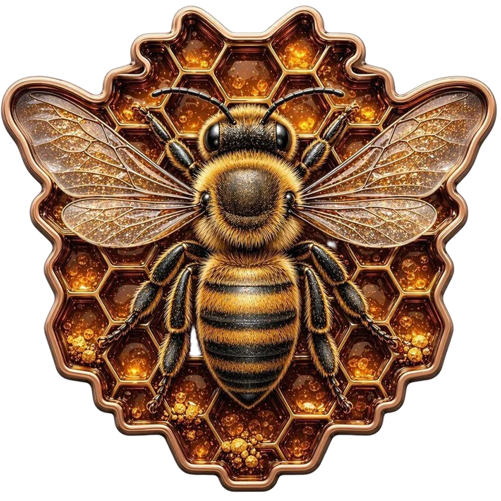 Honey Queen Bee shaped copper medal featuring a bee with outstretched wings against amber honeycomb