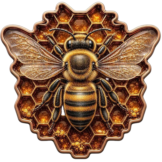 Honey Queen Bee shaped copper medal featuring a bee with outstretched wings against amber honeycomb