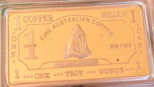 1oz 999 Copper Bullion Bar "Great White Shark" Pure Copper Bullion