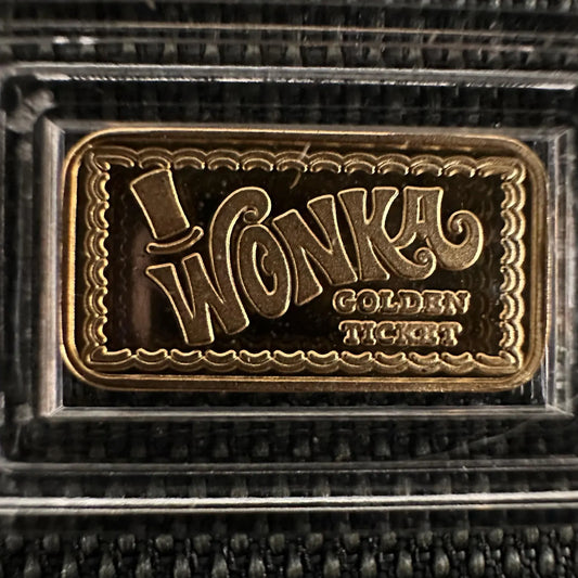 "WONKA GOLDEN TICKET"  1 Gram 999 Silver Bullion Bar In Capsule - 24k Gold Plate