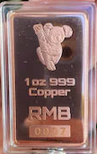 1 OZ .999 Fine Australian Pure Copper Ingot, KOALA in capsule