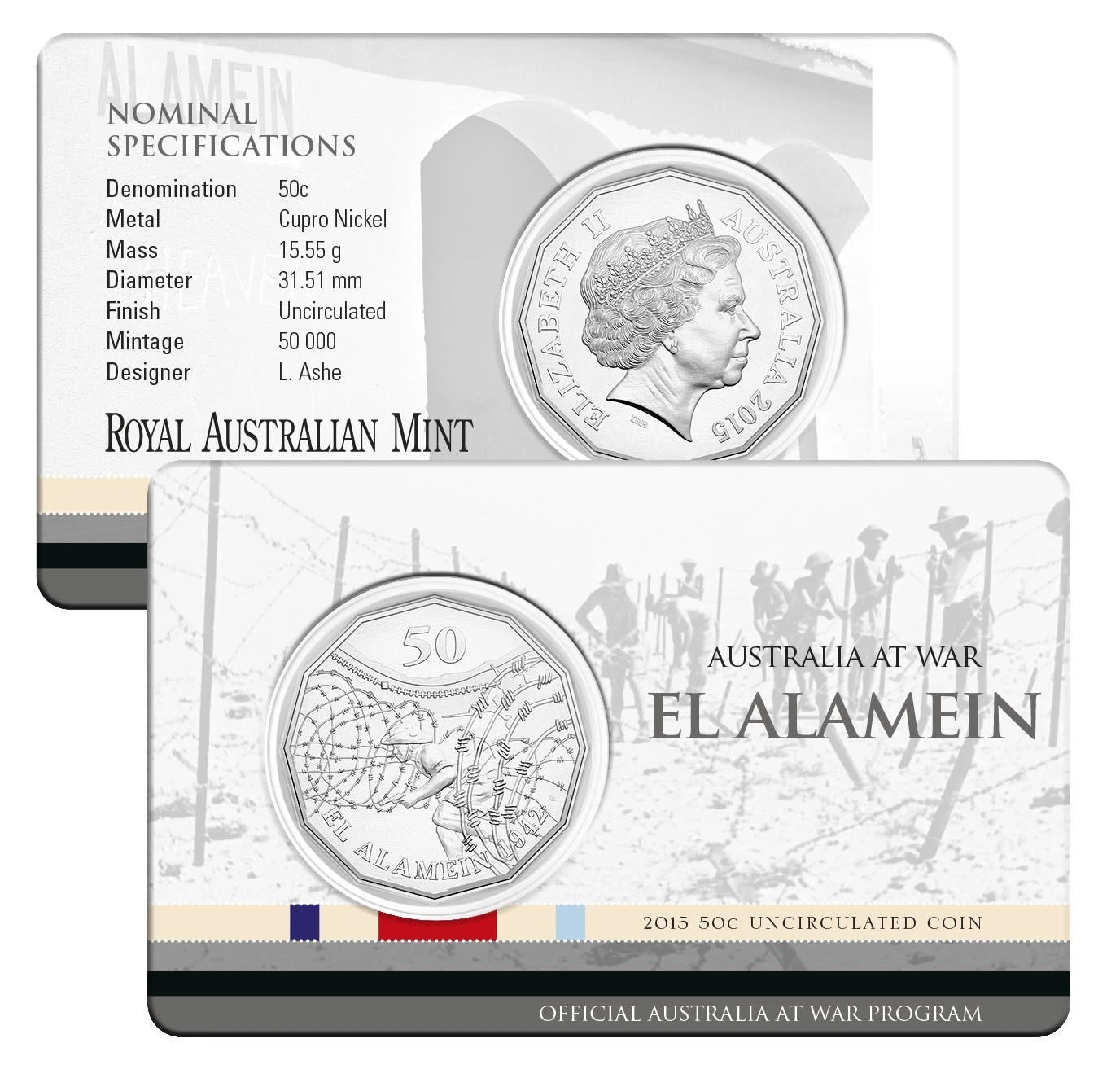 2015 Australia at War - "EL ALAMEIN" 50 cent Uncirculated carded RAM