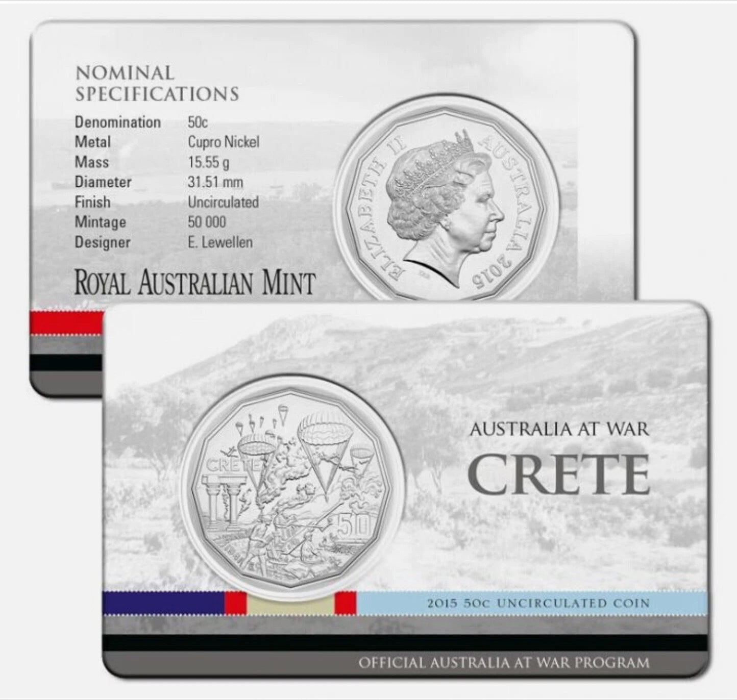 2015 Australia at War - "CRETE" 50 cent Uncirculated carded RAM