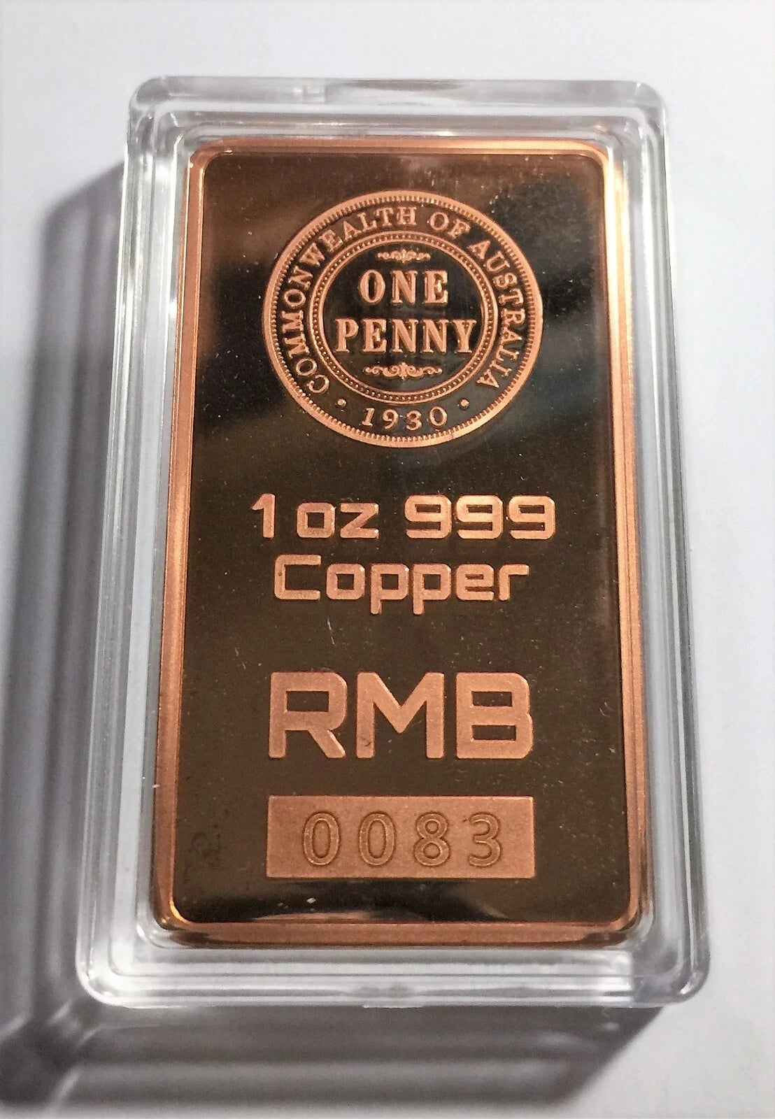 1 OZ 999 Fine Australian Pure Copper "Red Metal Bullion" Ingot, 1930 Penny