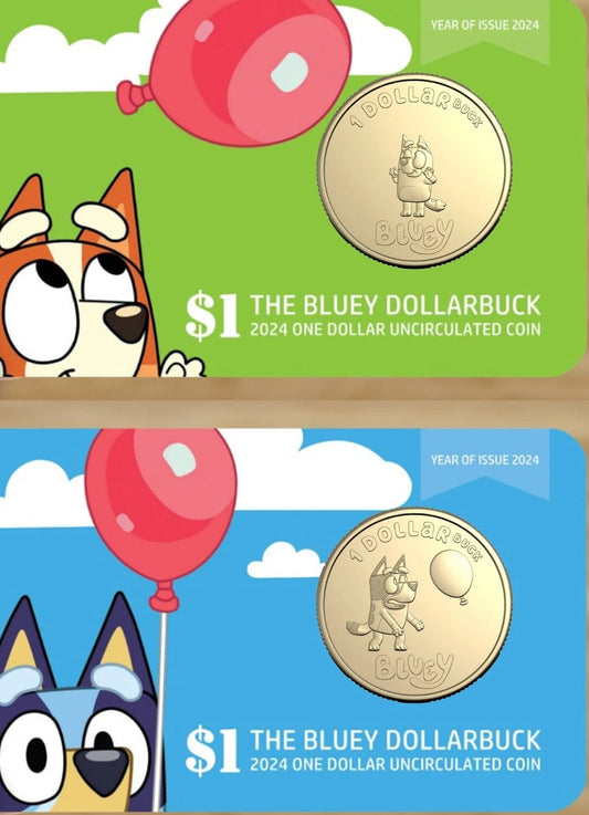 NEW PRODUCT -  LIMITED 2024 BLUEY DOLLARBUCK & BINGO $1 DOLLAR UNC Coin 2 CARD SET