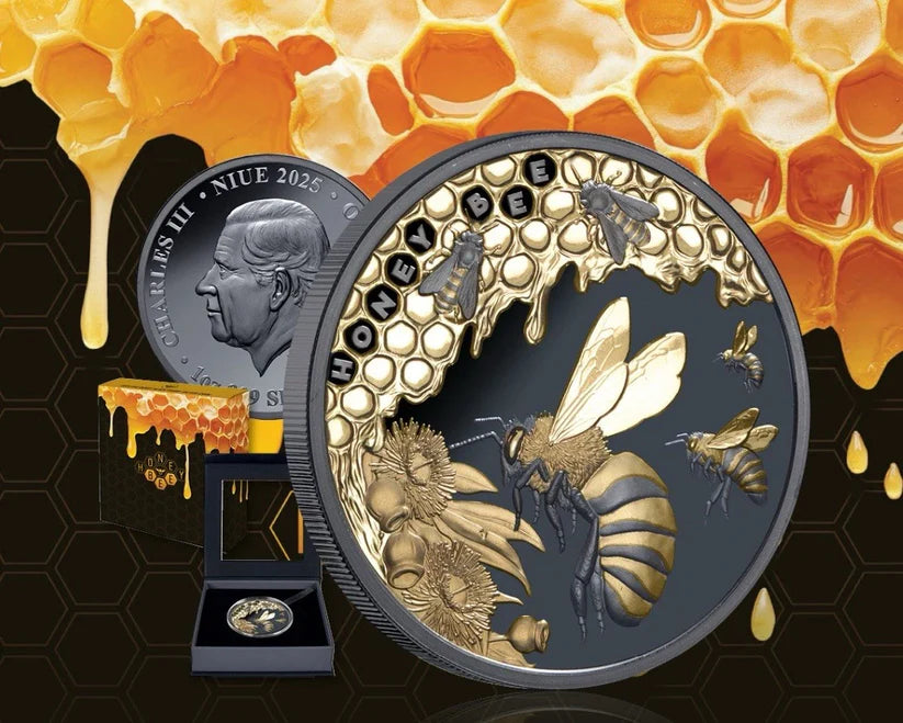 2025 NIUE $1 Honey Bee Gold Plated Silver Black Proof - 1 oz & 5 oz Coins