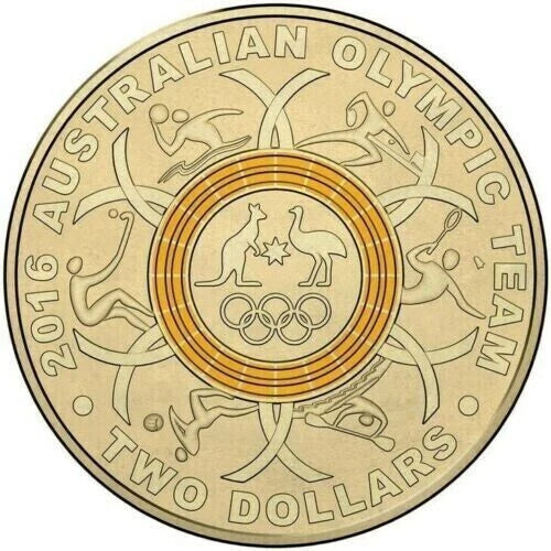 2016 $2 YELLOW RIO OLYMPIC RING COLOURED COIN CIRC
